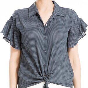 NWT- MAX STUDIO Women's Text Grid, Tie Front, Camp Shirt- Color:Army- Size:SMALL
